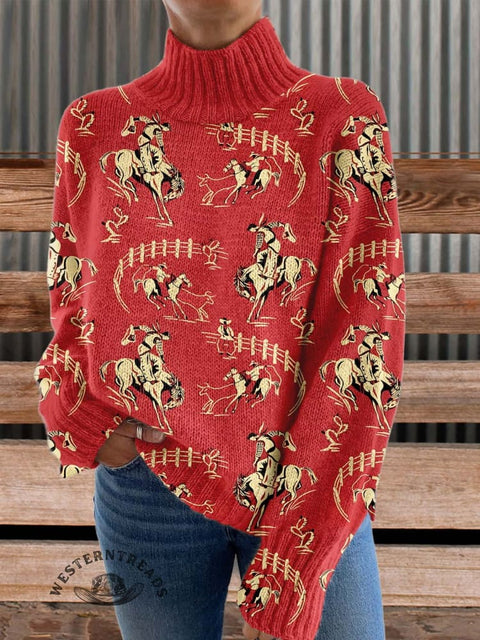Red Rodeo Print Knit Turtleneck Pullover Sweater