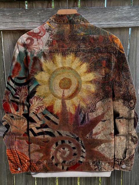 Retro Brown Tribal Elements Art Print Casual Denim Jacket