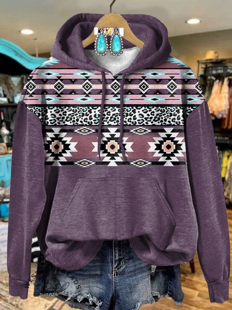 Retro Purple Aztec Art Print Casual Hoodie Sweatshirt
