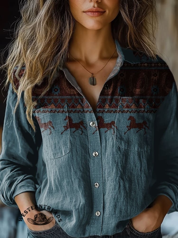 ?Limited Time Discount?Vintage Aztec Horse Art Print Casual Hoodie Sweatshirt