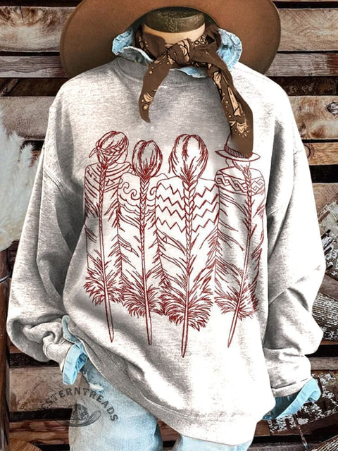 Cowgirl Feathers Print Casual Sweatshirt