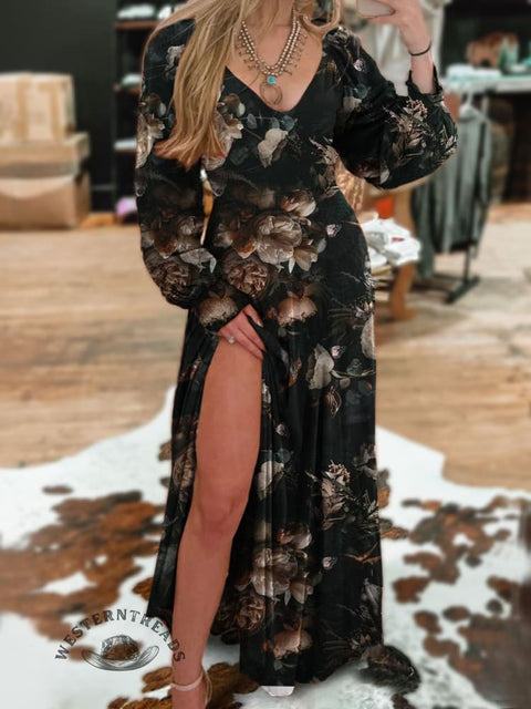 Dark Floral Print Casual Dress