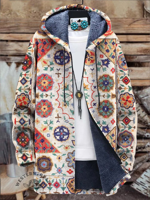 Unisex Retro Tribal Graphic Symmetrical Pattern Texture Print Plush Thickened Long Sleeve Cardigan Jacket