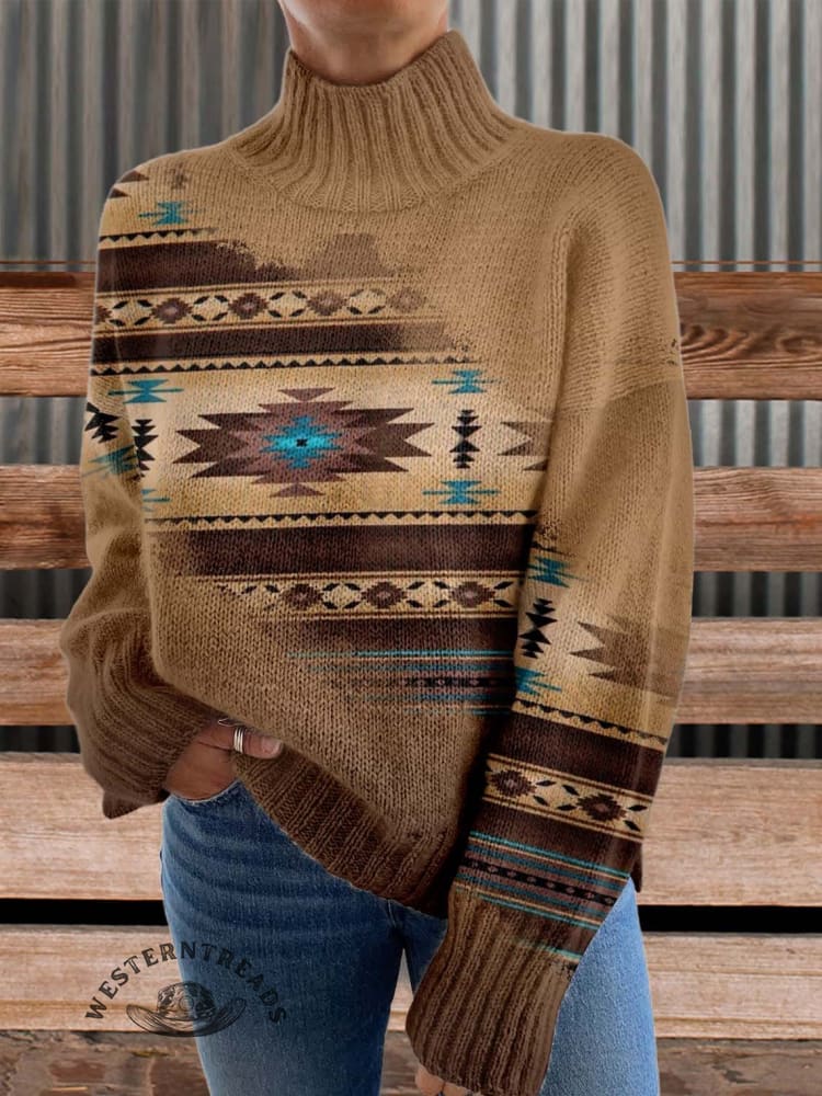 Aztac Print Knit Turtleneck Pullover Sweater