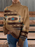 Aztac Print Knit Turtleneck Pullover Sweater