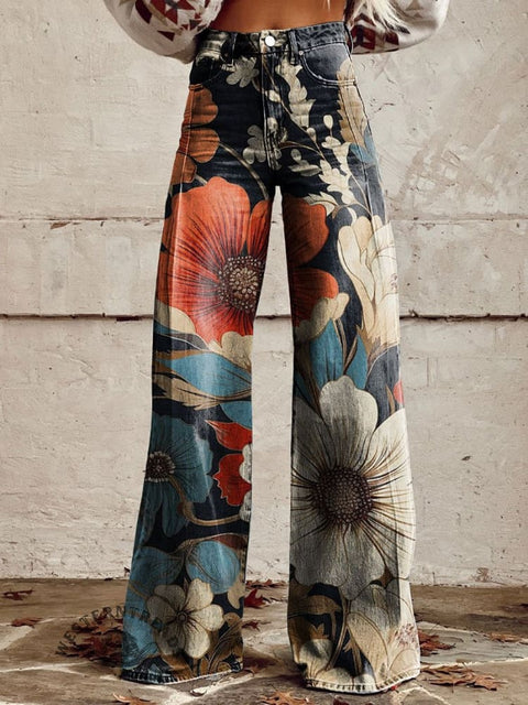 Women's Vintage Print Casual Wide Leg Pants