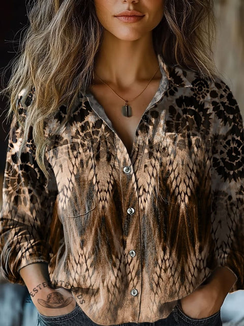 Women's Brown Water Stain Art Print Casual Long Sleeve Comfortable Cotton Shirt