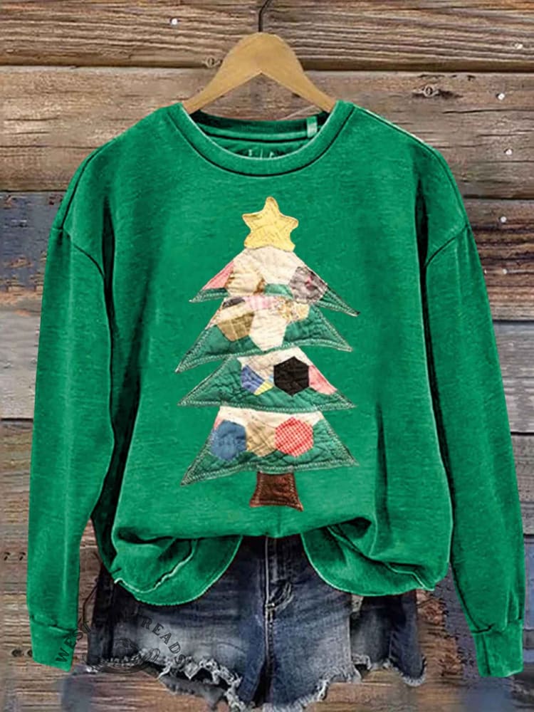 Retro Patchwork Christmas Tree Print Sweatshirt