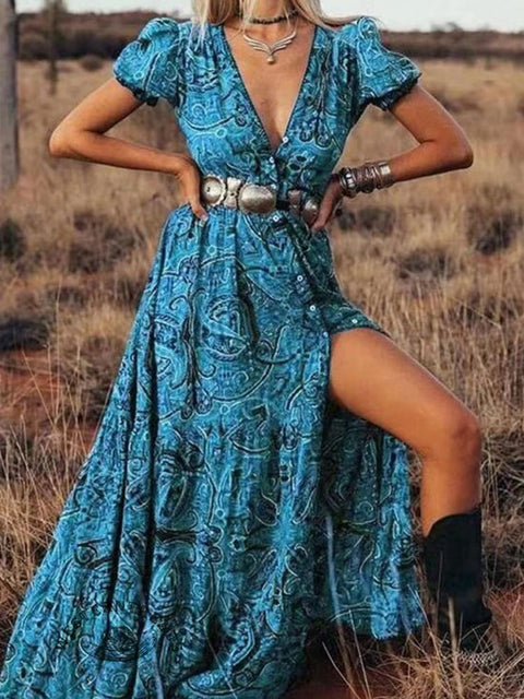 Women's Printed V-Neck Short Sleeve Bohemian Resort Maxi Dress