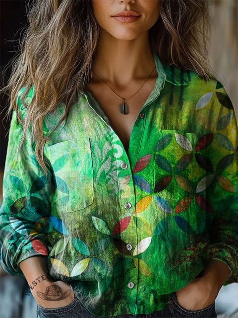 Women's Gradient Art Print Casual Long Sleeve Comfortable Cotton Shirt