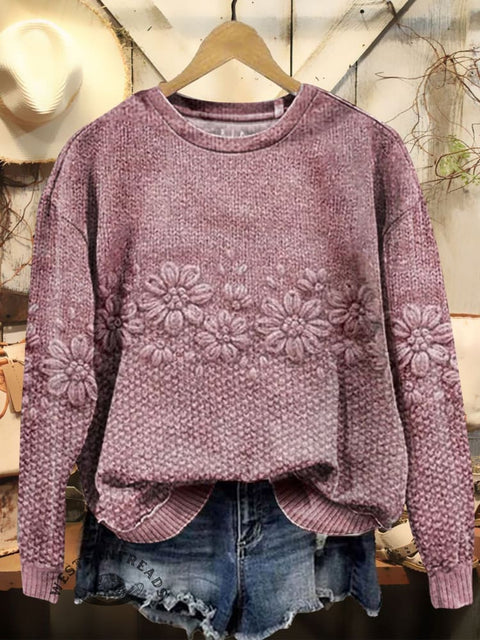 Women's Floral Texture Art Print Pattern Knit Pullover Sweater