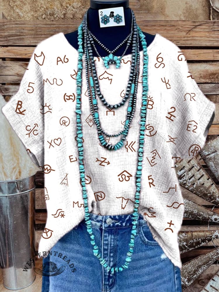 Women's Cattle Branding Print Casual Cotton And Linen Shirt