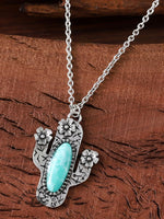 Vintage Inlaid Turquoise Cactus Pendant Necklace