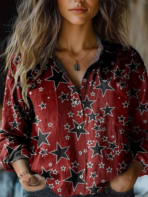 Women's Red Star Print Casual Long Sleeve Comfortable Cotton Shirt