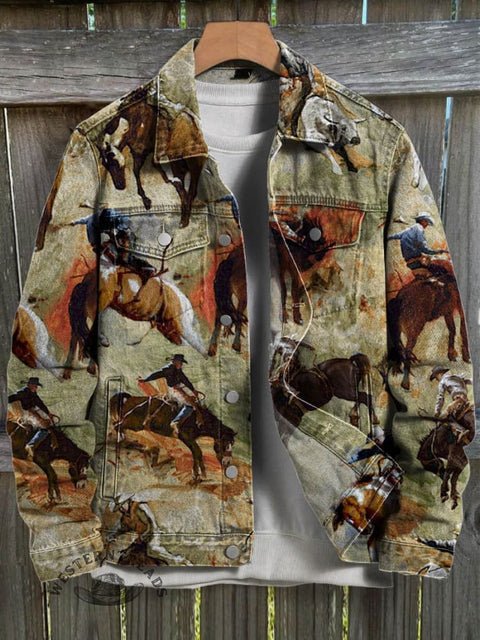 Horse Taming Art Print Casual Denim Jacket