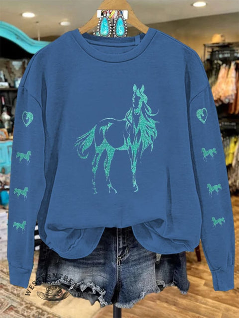 Retro Horse Print Casual  Sweatshirt