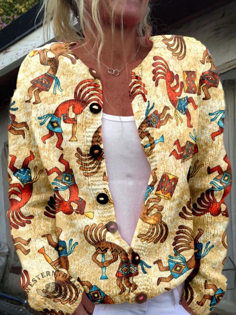 Aztec Graffiti Art Print Buttoned Cardigan Sweater