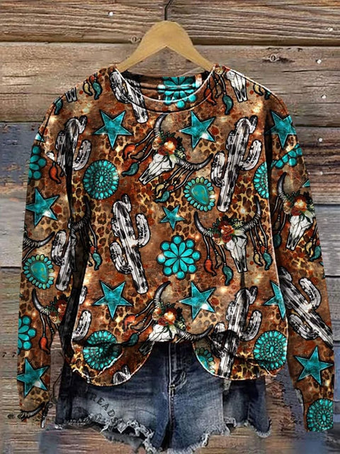 Leather Textured Turquoise Bull Skull Print Crew Neck Sweatshirt