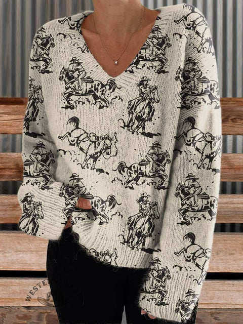 Women's Western Horse Riding Seamless Print Casual V-neck Pullover Knit