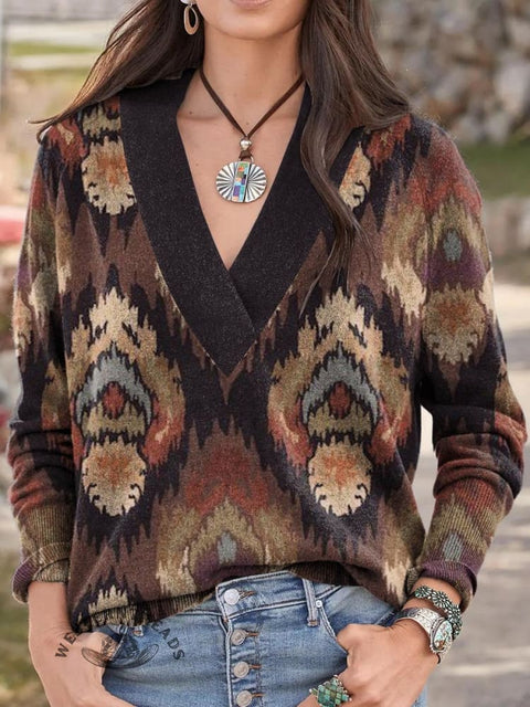 Brown Rhombus Ethnic Texture Art Print Knit V-neck Pullover Sweater