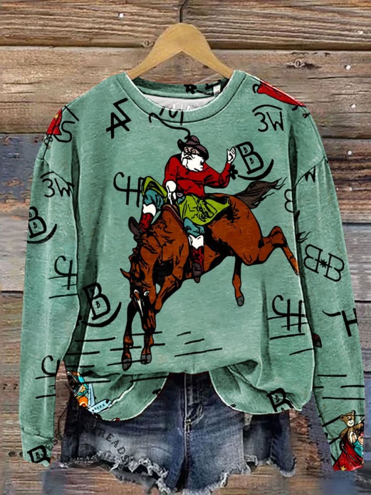 Vintage Christmas Santa Cowboy Art Print Casual Sweatshirt
