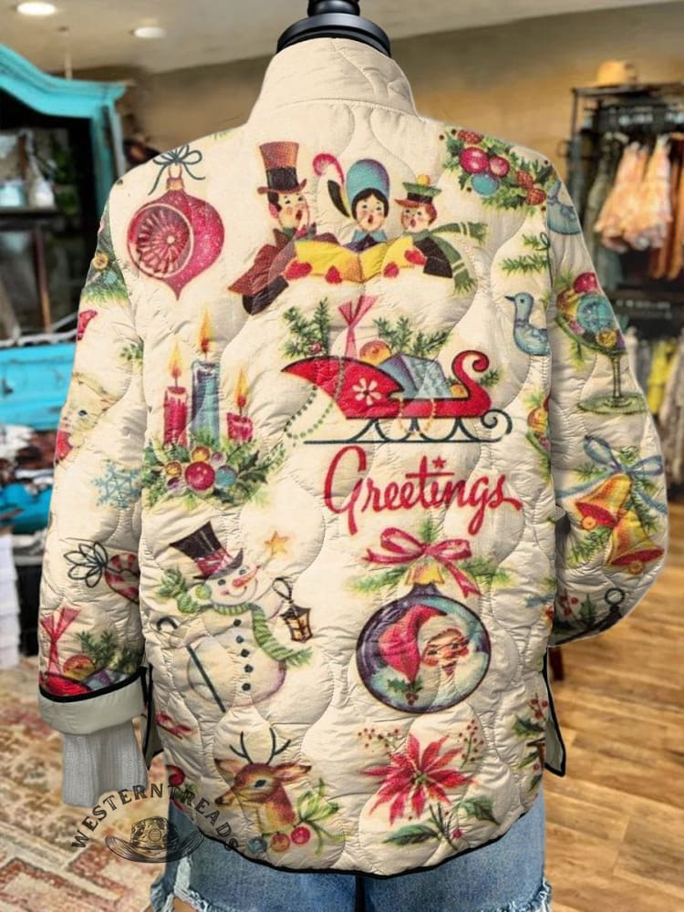 Women's Retro Christmas Pattern Print Casual Quilted Cardigan