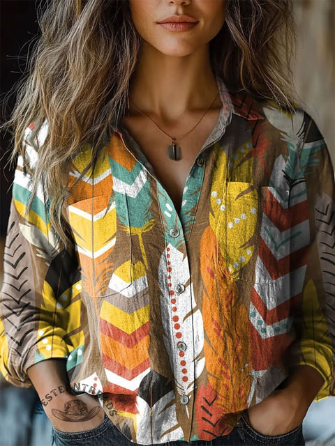 Women's Boho Feather Art Print Casual Long Sleeve Comfortable Cotton Shirt