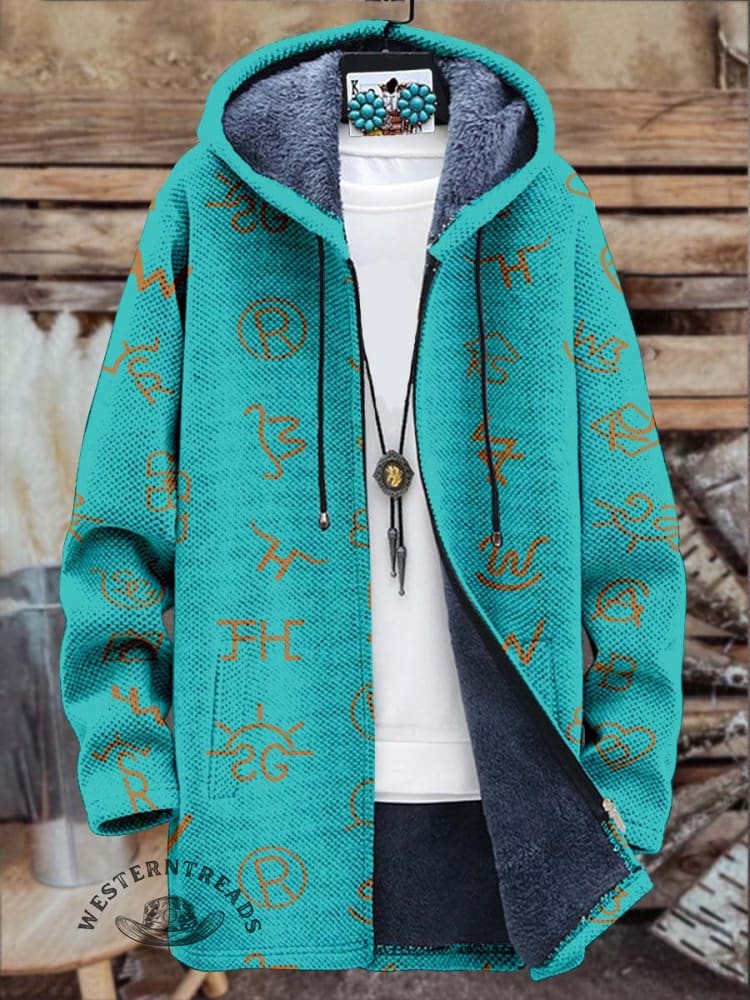 Western Cattle Brands Print Unisex Plush Thick Long-Sleeved Sweater Cardigan Coat