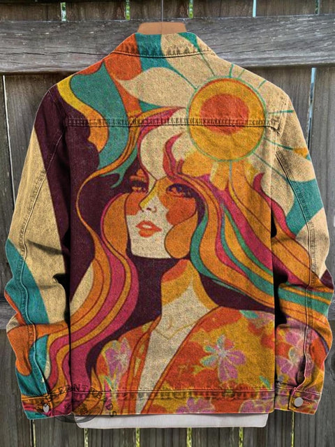 Retro Flower Woman Hippie Art Print Casual Denim Jacket