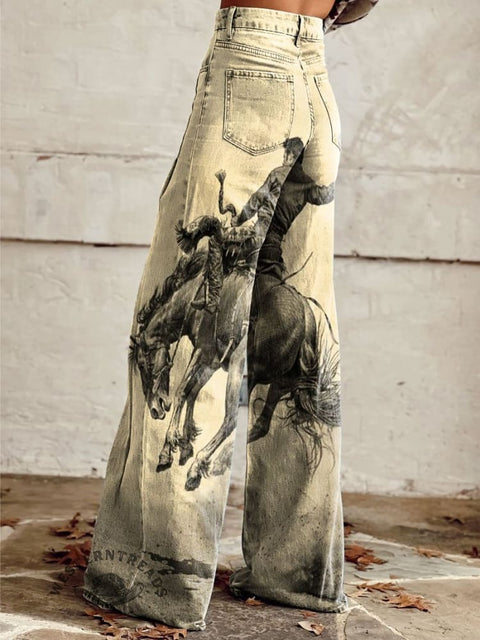 Women's Wild West Cowboy Art Print Casual Wide Leg Pants