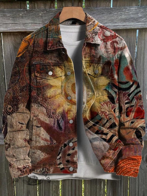 Retro Brown Tribal Elements Art Print Casual Denim Jacket