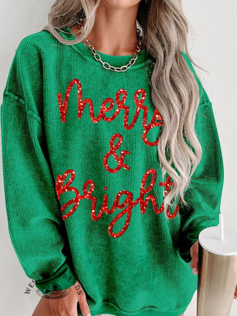 Christmas Sparkly Glitter Merry and Bright  Women's Casual Print Sweatshirt