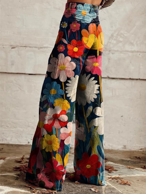 🔥Limited Time Discount🔥Women's Colorful Flower Geometric Pattern Print Casual Wide Leg Pants