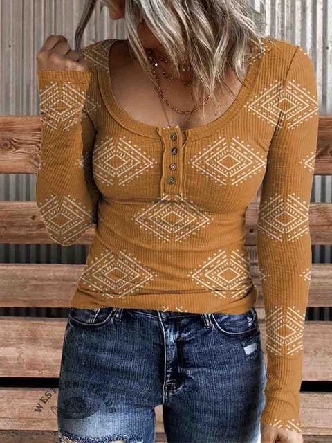 Women's Western Theme Print Comfortable Cotton Henley Shirt
