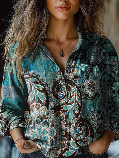 Women's Retro Cyan Flowers Print Casual Long Sleeve Comfortable Cotton Shirt