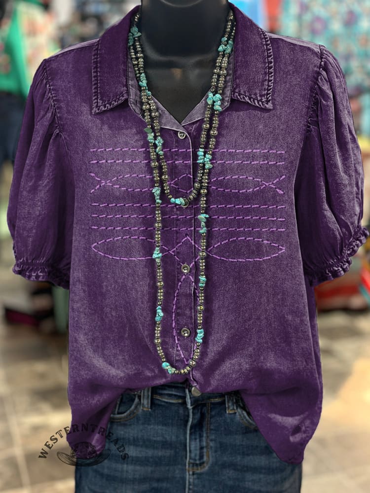 Women's Western Boots Pattern Print Casual Cotton Shirt