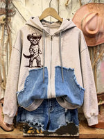 Retro Print Casual Cotton Patchwork Hooded Zip-up Sweatshirt