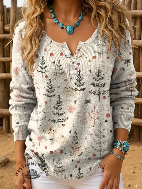 Retro Christmas Print Buttoned Cardigan Sweater