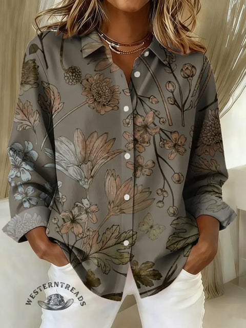 Women's Retro Floral Print Casual Cotton Shirt