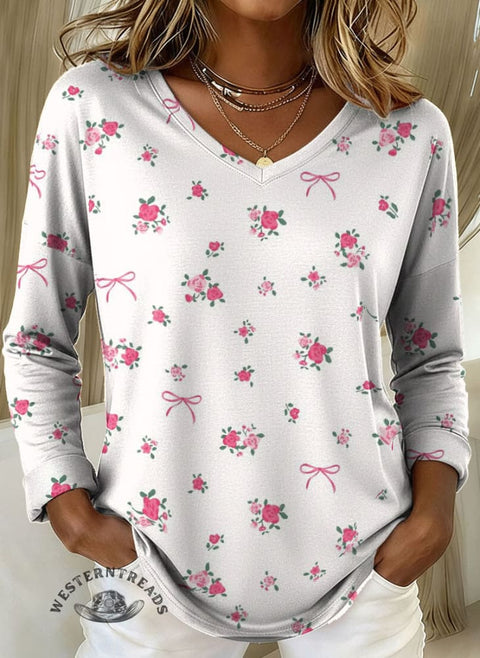 Women's Floral Print Casual V-Neck Long-Sleeve T-Shirt