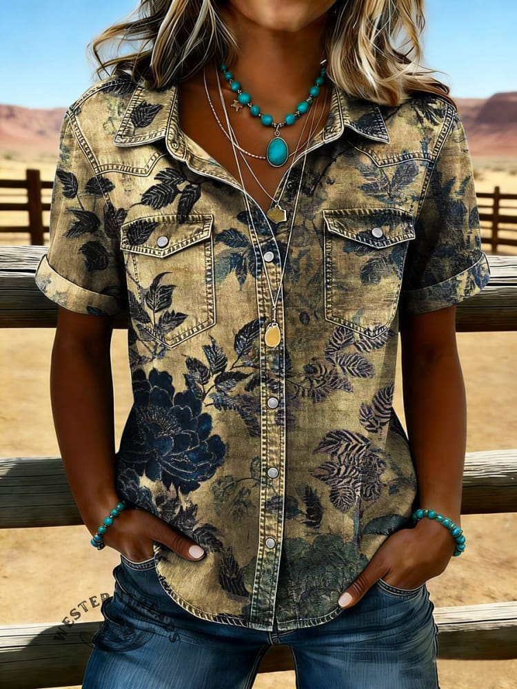 Vintage Floral Print Lapel Pocket Denim Shirt