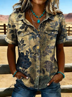 Vintage Floral Print Lapel Pocket Denim Shirt