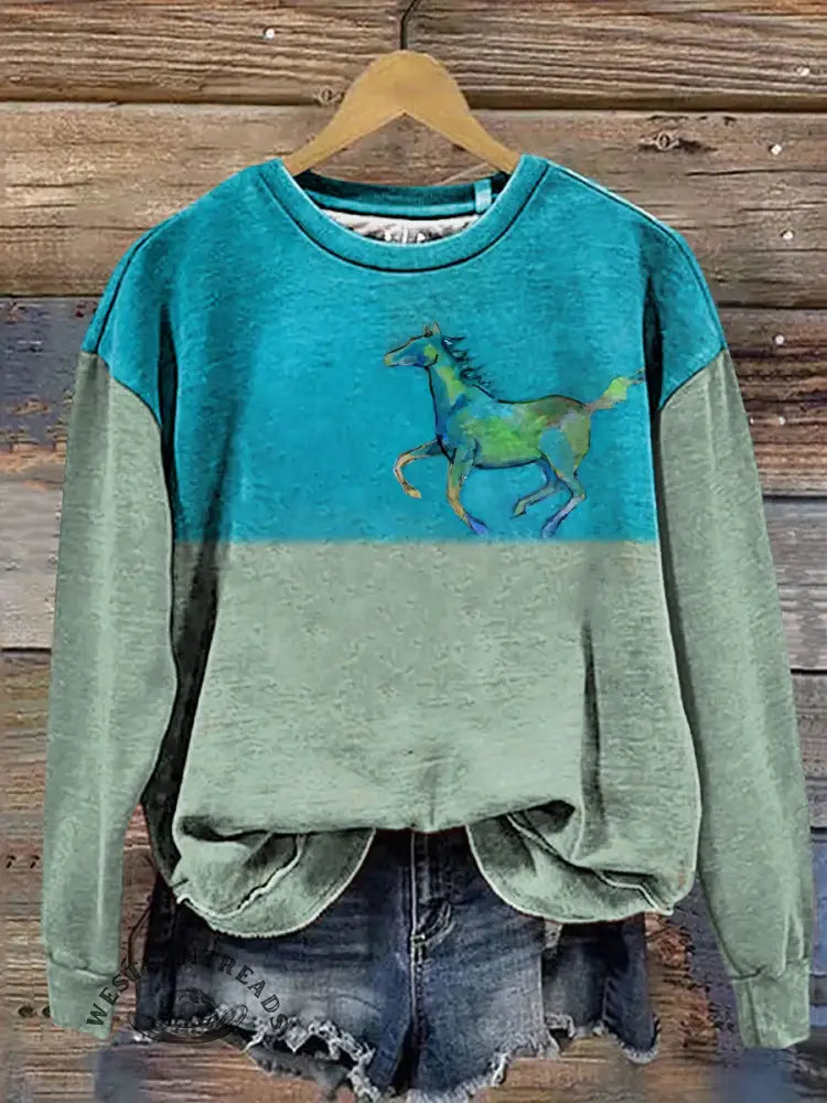 Patchwork Horse Art Casual Cotton Sweatshirt