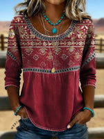 Vintage Floral Print Casual 3/4 Sleeves Hollow Denim Shirt