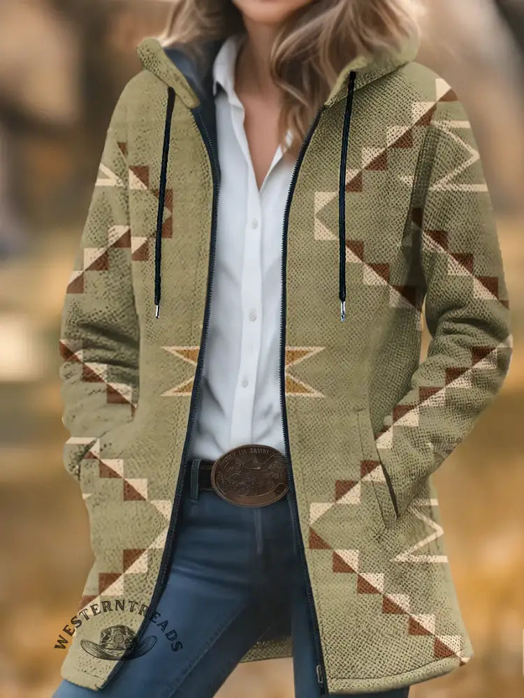 Aztec Print Unisex Plush Thick Long-Sleeved Cardigan Coat