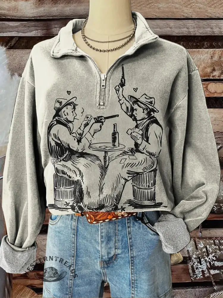 Women's Western Art Print Zip Sweater