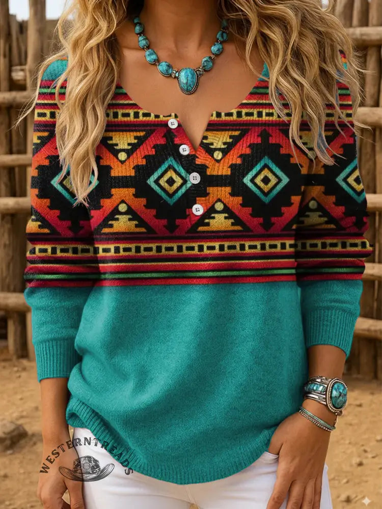 Women's Retro Aztec Art Print Henley Neck Sweater Top