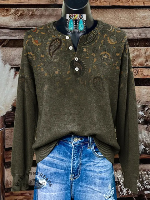 Retro Floral Art Print Buttoned Cardigan Sweater