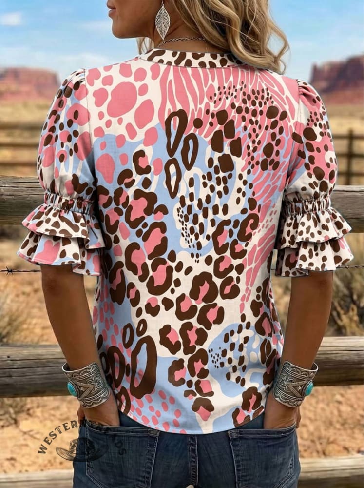 Women's Leopard Print Puff Sleeve Casual Shirt
