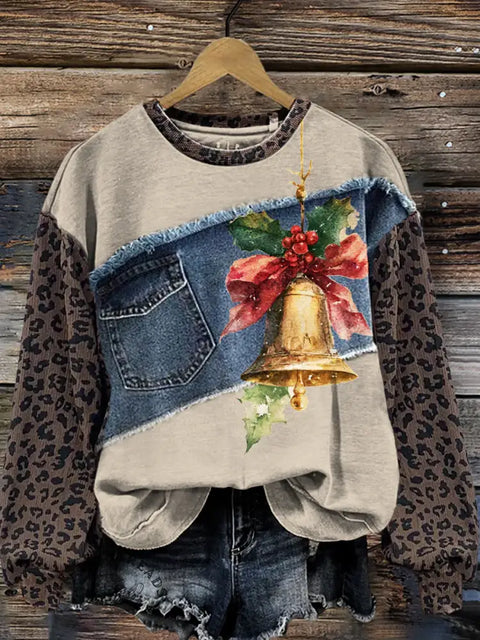 Christmas Bells Print Patchwork Denim Leopard Print Christmas Sweatshirt